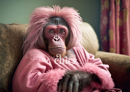 The scene features a monkey with pink fur on its head and adorned in a pink robe, sitting on a sofa and gazing towards the camera. The background reveals part of a curtain embellished with a floral pattern. The entire setting is indoors, and the monkey exudes an air of relaxation. This delightful image captures the essence of "Decoupage Paper | Craft Paper | Queenie | A1/A2/A3" from It’s So Chic Furniture Art.