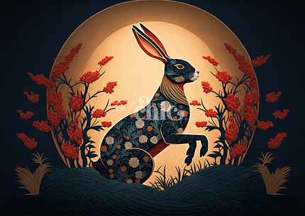 The Decoupage Paper from It's So Chic Furniture Art, titled "Moonlit Floral Hare," showcases an elegant black rabbit embellished with intricate floral patterns. It sits gracefully amid vibrant red flowers, illuminated by a large, golden moon against a dark backdrop, creating a striking contrast and detailed artistic depiction on this A3 craft paper.