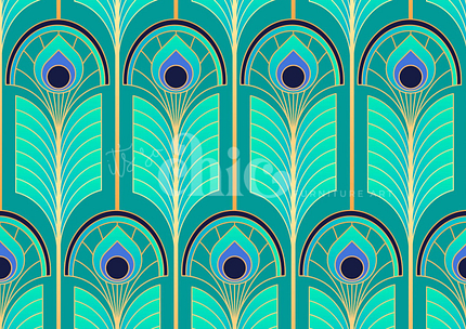 Introducing our Decoupage Paper from It’s So Chic Furniture Art, available in A1, A2, and A3 sizes. Featuring an Art Deco pattern with teal and turquoise peacock feather motifs adorned with dark blue eyespots, this design is enhanced with gold accents and symmetrical, arched shapes that create an elegant and repetitive geometric arrangement—perfect for your next craft project.