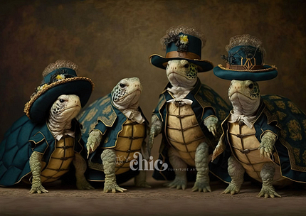 Four turtles showcase elegant and vintage attire on the Decoupage Paper | Craft Paper | Majestic Buddha, each adorned in sophisticated outfits with matching hats detailed in intricate patterns and accessories. The muted background enhances the whimsical and artistic essence of the scene, with "It’s So Chic Furniture Art" elegantly inscribed at the bottom center.