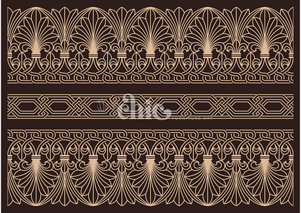 The Decoupage Paper | Craft Paper | African Tribal Decoupage from It’s So Chic Furniture Art features a detailed vector pattern on a dark background, showcasing intricate, symmetrical designs. The top and bottom borders exhibit fan-like motifs adorned with swirling, leaf-like decorations, while the center displays a geometric, interlocking design characterized by straight lines and angles. Available in A1/A2/A3 sizes.