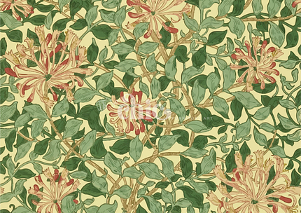 The "It’s So Chic Furniture Art" Decoupage Paper showcases a detailed illustration with a dense arrangement of flowering honeysuckle vines, featuring green leaves and clusters of flowers in vibrant shades of red, pink, and cream. The pale, warm yellow background provides an elegant contrast to the lush foliage and colorful blossoms. Available in A1, A2, or A3 sizes, this craft paper brings a touch of African tribal design to any project.