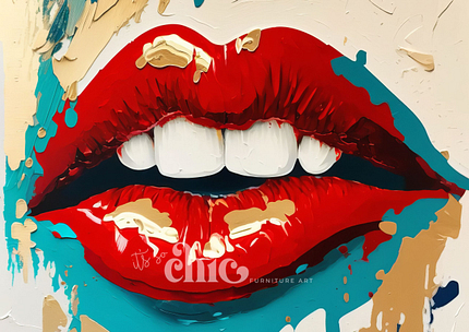 Introducing the "Decoupage Paper | Craft Paper | Ruby Lips" from the It’s So Chic Furniture Art collection. This exquisite design showcases a bold and colorful depiction of ruby red lips adorned with white teeth. The dynamic background bursts with vibrant splashes of blue, teal, and beige. Crafted with thick brushstrokes in an abstract style, it creates a modern and visually striking effect, perfect for adding a chic touch to any project. Available in A1, A2, and A3 sizes.