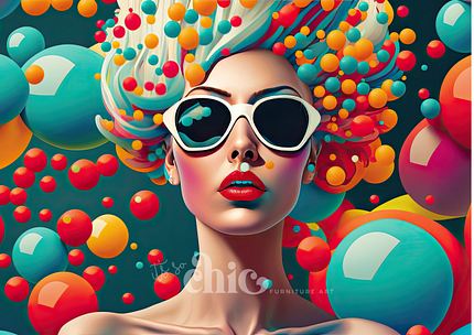 A stylized illustration of a woman donned in white sunglasses, with voluminous hair crafted from colorful, floating spheres, graces this piece. The vibrant background is adorned with an arrangement of large and small spheres in shades of blue, orange, and red, creating a lively and dynamic atmosphere. This artwork is featured on the "Shhh Pop Art" Decoupage Paper by It’s So Chic Furniture Art, available in sizes A1/A2/A3 for your craft projects.