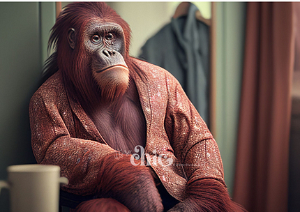 An orangutan sits with a contemplative expression, dressed in a sparkling, copper-toned robe. The background is softly blurred, featuring hints of hanging clothes and a draped curtain. A partially visible white mug graces the foreground. This artistic scene is beautifully encapsulated in the "Decoupage Paper | Craft Paper | Clyde | A1/A2/A3" from It’s So Chic Furniture Art.