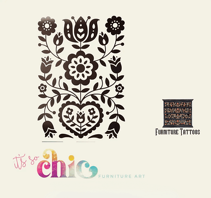 A symmetrical floral pattern in black features various flower and leaf designs, with a heart in the center. The text "it's so chic FURNITURE ART" is in colorful, whimsical font at the bottom left, and "Furniture Tattoos" with a detailed chest is at the right.