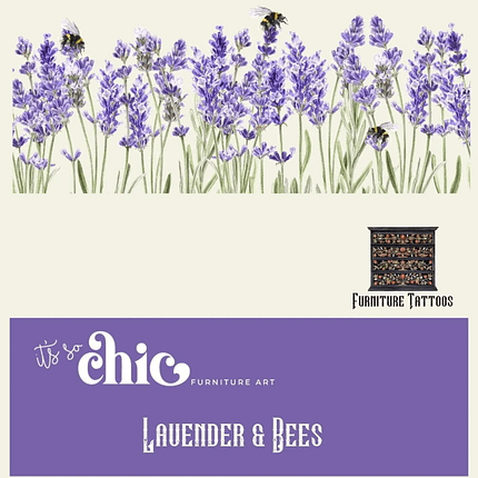 Illustration of lavender flowers with bees flying around and the text "it's so chic Furniture Art" and "Lavender & Bees," all on a light-colored background. A small image of a black furniture piece appears on the right, labeled "Furniture Tattoos.