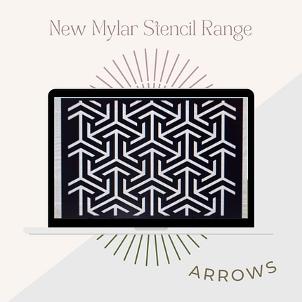 The image features a promotional poster for a new Mylar stencil range. The laptop screen displays a leopard print pattern, accompanied by the text "New Mylar Stencil Range" at the top and "Leopard Print" at the bottom. Sunburst design elements surround the laptop, adding to its visual appeal.