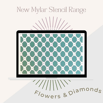 A laptop screen displaying a pattern of interlocking diamonds with small flowers at each intersection. The text above reads "New Mylar Stencils Range" and below the laptop, "Pretty Woman." Sunburst designs are also present above and below the laptop.