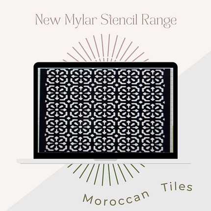 A promotional image showcasing a new Mylar stencil range. At the center is a black laptop displaying a stencil design featuring an elegant leopard print pattern, set against a light background. Text on the image reads, "New Mylar Stencil Range" and "Leopard Print".