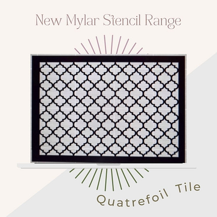 A promotional image showcasing the new Mylar Stencils | Pretty Woman | A3 | It's So Chic Furniture Art range, featuring a Quatrefoil tile design. The stencil displays a repetitive, interconnected pattern and is positioned against a light background, with text indicating the product name.