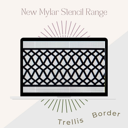 Image of a computer screen displaying a geometric trellis border stencil design from the new Mylar Stencils | Pretty Woman | A3 | It’s So Chic Furniture Art range. The background is split diagonally with light grey and beige colors, and decorative sunburst lines emanate from the image. Text reads "Trellis Border.