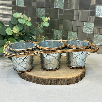 Triple Galvanized Metal Plant Pots with Grapevine Tray - Herb Planter & Utensil Holder