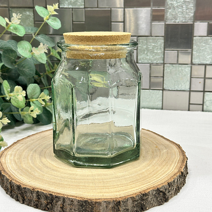 Vintage Green Glass Storage Jar with Cork Lid - Octagonal