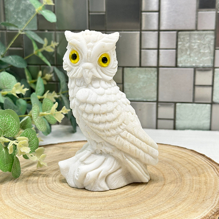 Vintage Italian Sandstone Owl Figurine - White Horned Owl Sculpture