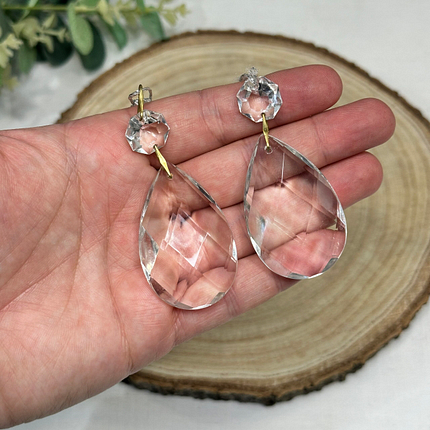 Vintage Crystal Chandelier Drops Pair Large Faceted Teardrop Prisms Craft