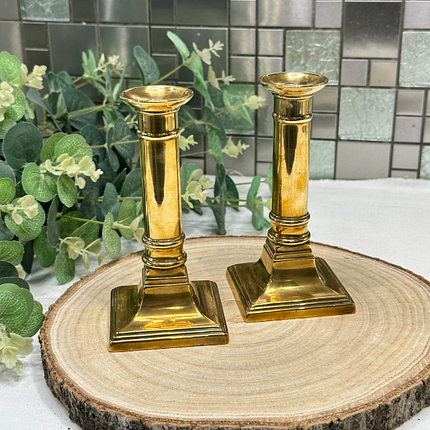 Pair Vintage Brass Candlesticks Georgian Style Columnar Candle Holders