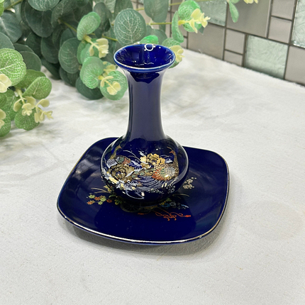 Vintage Japanese Cobalt Blue Vase & Dish Pheasant Floral Chokin Style