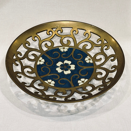 Large Vintage Indian Brass Dish Enamel Floral Cutout Design Heavy Made in India