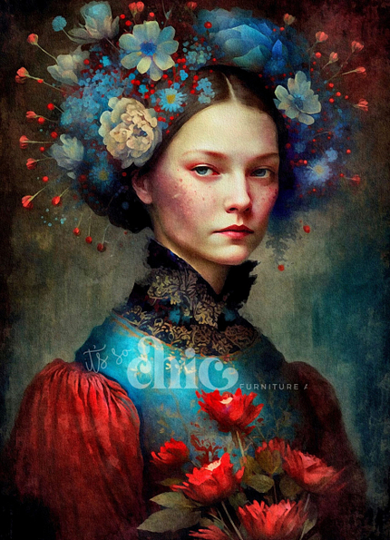 A woman with a serious expression is depicted wearing a stylish blue dress adorned with a detailed high collar and striking red sleeves. She has an elaborate floral headdress featuring large blue and red blooms and holds a bouquet of red flowers. The image, captured in the "Decoupage Paper | Craft Paper | Woman of the World 6" by It’s So Chic Furniture Art, exudes a painterly, surreal quality. Available in A1/A2/A3 sizes.