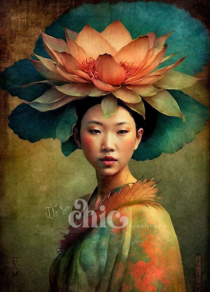 A digital painting from the "Woman of the World 7" collection features a person with a serene expression wearing an elaborate lotus flower headpiece. The textured, earthy-toned background highlights the cursive words "It's so chic" across the lower part of this stunning piece, crafted beautifully on Decoupage Paper for It’s So Chic Furniture Art. Available in A1, A2, and A3 sizes.