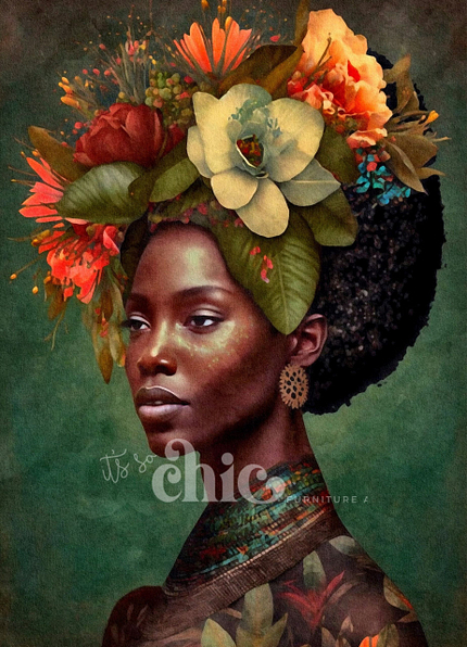 A serene woman, adorned with a vibrant floral headdress made of various flowers and green leaves, is featured in the "Woman of the World 2" decoupage paper. She wears earthy-toned, intricate jewelry and clothing against a rich, textured green background. The text overlay reads "It’s So Chic". Available in A1, A2, or A3 sizes as part of the It’s So Chic Furniture Art collection.