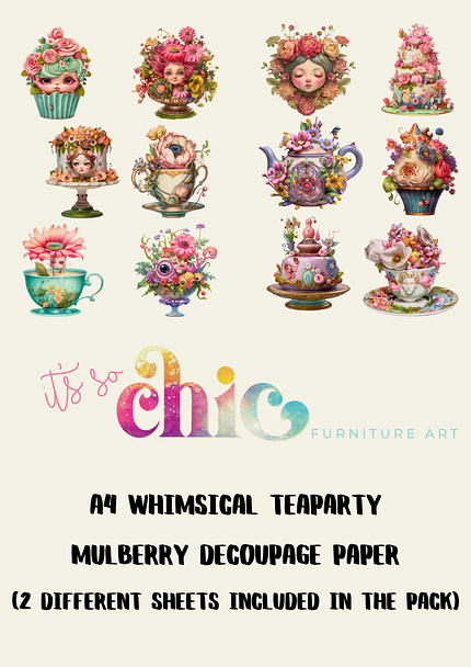 An image displays whimsical teaparty-themed artwork with various intricate designs of teapots, teacups, and floral motifs. The text reads: "Decoupage Paper | Craft Paper | Whimsical Teaparty (2 different sheets included in the pack) | A4 Mulberry | It’s So Chic Furniture Art".