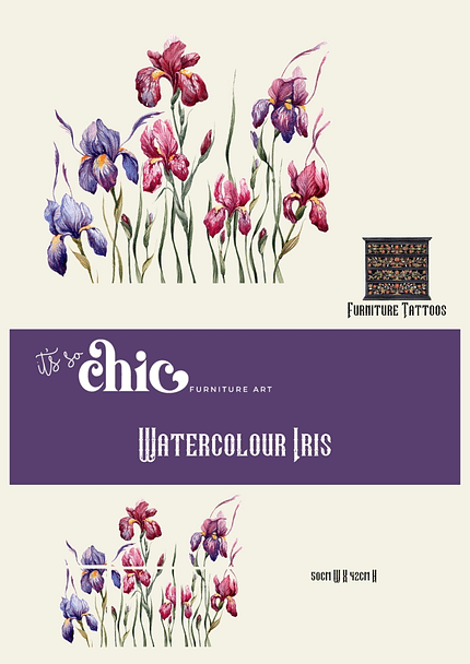 The design showcases vibrant watercolor butterflies set against a cream background. The phrase "It's So Chic Furniture Art" is highlighted on a purple banner, with "Colorful Butterflies" written below it. A small chest design labeled "Furniture Tattoos" is featured. Dimensions: 50cm W x 42cm H.