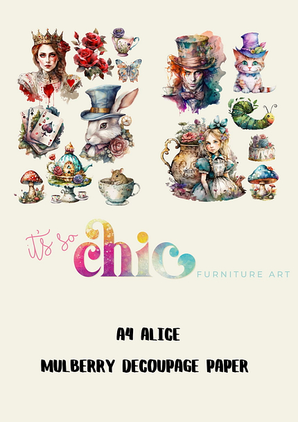 A collection of whimsical Alice in Wonderland illustrations, featuring characters such as the Queen of Hearts, Mad Hatter, Cheshire Cat, White Rabbit, and Alice, along with various teacups and hats. The text reads "A4 Jaguar", "Mulberry Decoupage Paper", and "It's So Chic Furniture Art".