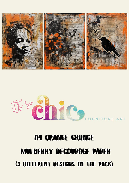 Three art prints with an orange grunge theme feature a portrait, a butterfly with flowers, and a bird on a branch. Text below reads "A4 Mulberry Decoupage Paper | Craft Paper | Jaguar (3 different designs in the pack)" above "It’s So Chic Furniture Art" in colorful letters.