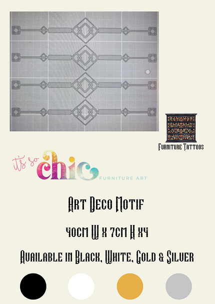 A promotional flyer for "It's So Chic Furniture Art" featuring Furniture Tattoos Vinyl Decals in a Damask Set design. Dimensions: 30cm x 24cm & 10cm x 8cm x4. Available colors: Black, White, Gold, Silver. Includes an illustration of the motif, brand logo, and decorative imagery.