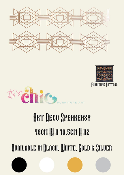 An advertisement for furniture art. Features geometric Art Deco designs with the text: "It’s so chic" and "Furniture Tattoos." The model "Damask Set" is sized 30cm x 24 cm & 10cm x 8cm x4 and available as vinyl decals.