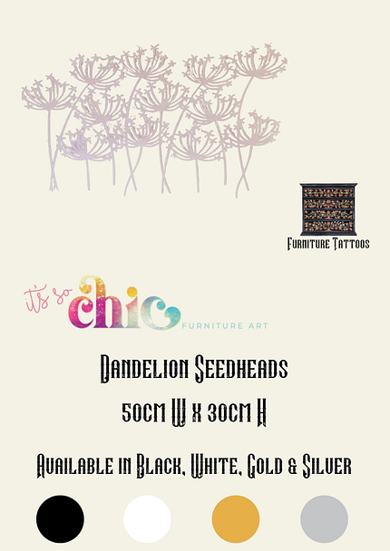 An advertisement for It's So Chic Furniture Art features a minimalist design with a Damask Set of vinyl decals, which includes pieces measuring 30cm x 24cm and 10cm x 8cm. Available in black, white, gold, and silver. The image includes pastel colored text and a small logo for "Furniture Tattoos.