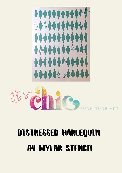 An A3-sized Mylar stencil featuring a Damask Duo pattern. The text below reads, "DAMASK DUO A3 MYLAR STENCIL." Above the text is a colorful logo saying "It's So Chic Furniture Art.