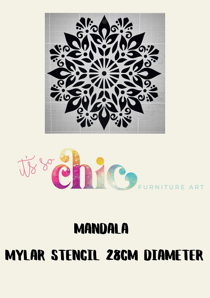 A black mandala design is displayed on a light beige background. Below the mandala, the text "It’s So Chic Furniture Art" is written in a colorful, artistic font. Below that, the text "Damask Duo Mylar Stencil A3" is written in bold black letters.