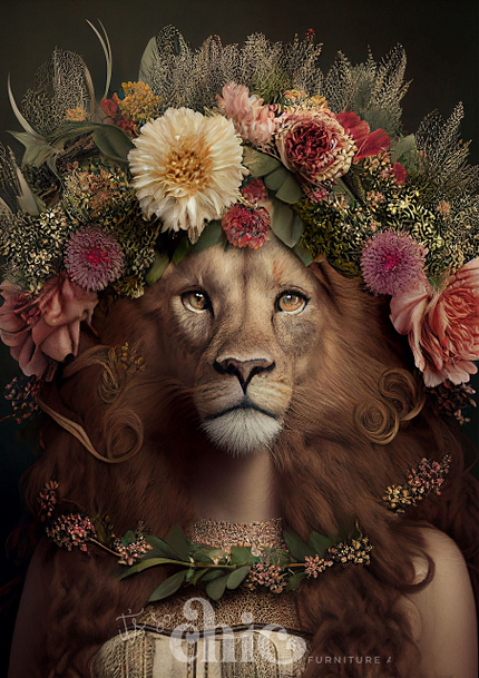 The "Floral Lion" decoupage paper from It's So Chic Furniture Art showcases a majestic lion with a human-like body, adorned in a lush headdress covered with blooming flowers in vibrant shades of white, pink, and orange. The dark background accentuates the intricate floral details and the lion's serene expression, available in either A1 or A3 sizes.