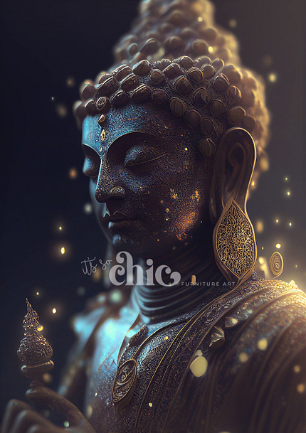 A serene, intricately detailed depiction of the Majestic Buddha with closed eyes and a calm expression. The artwork is adorned with ornate jewelry and illuminated by soft, warm lighting, with glowing particles surrounding it. The text “It’s So Chic Furniture Art” is overlaid on the Buddha.