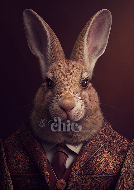 The Decoupage Paper | Craft Paper featuring Master Harebert, available in A1/A2/A3 sizes from It’s So Chic Furniture Art, depicts a digitally rendered rabbit dressed in an intricate, patterned brown suit jacket and a maroon tie. The rabbit's ears stand upright as it gazes directly ahead, with a dark background emphasizing the detailed texture of its fur and clothing.