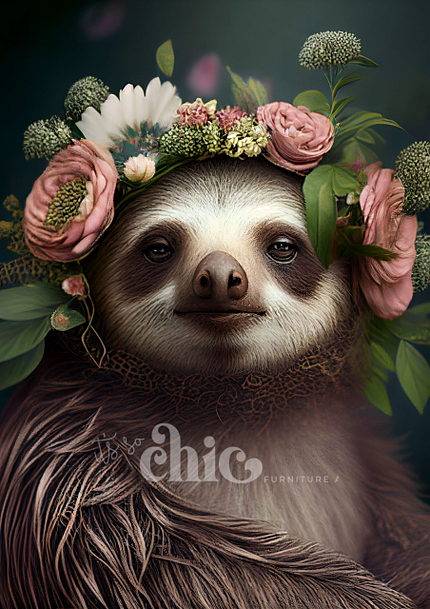 A sloth, crowned with vibrant pink and white flowers, relaxes against a dark backdrop. The serene creature's image is complemented by the text "It’s So Chic Furniture Art" at the bottom.