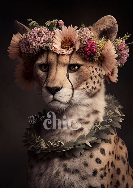 A cheetah, beautifully accented with a vibrant flower crown and leafy necklace, gazes serenely to the side. The flower crown showcases a delightful mix of pink, purple, and white blossoms. Set against a dark background that highlights the cheetah and its floral adornments spectacularly, this scene is captured perfectly in the "Floral Cheetah" decoupage paper from It’s So Chic Furniture Art. Available in A1, A2, and A3 sizes for all your crafting needs.