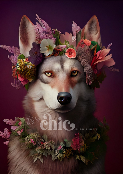 A wolf with a gentle expression is adorned with a vibrant flower crown featuring pink, purple, and white flowers against a background gradient of deep purple and pink. The image contains the text "It’s So Chic Furniture." This design is featured on the Decoupage Paper available in sizes A1, A2, and A3 from It’s So Chic Furniture Art.