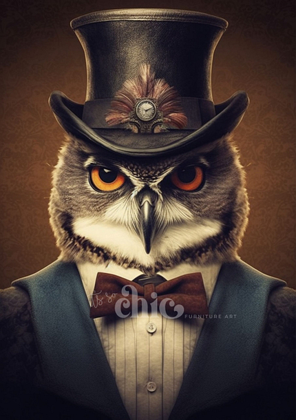 An owl with piercing orange eyes is dressed in a sophisticated outfit, including a top hat adorned with a feather and a pocket watch, a white shirt, a blue jacket, and a brown bow tie. The background is a warm brown with a subtle pattern.