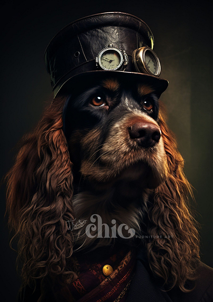 A dog with long, wavy fur is featured wearing a leather steampunk hat adorned with goggles and an antique watch. The dog gazes into the distance against a dark, moody background, exuding a sense of elegance and sophistication on the Decoupage Paper | Craft Paper | Steampunk Cocker | A1/A3 by It’s So Chic Furniture Art.