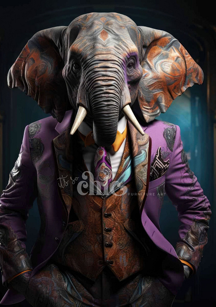 The "Steampunk Cocker" decoupage paper from It's So Chic Furniture Art features a humanoid elephant figure standing confidently in a sophisticated purple suit adorned with intricate patterns. The seamless integration of the elephant's trunk, tusks, and ears with the attire creates a unique fusion of human and animal features against an elegant, dark backdrop. Available in A1/A3 sizes, this craft paper is perfect for adding a chic touch to any furniture art project.