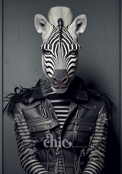 A stylized anthropomorphic zebra stands against a gray background, donning a black leather jacket with metallic accents and feathers over a striped shirt. The phrase "It's So Chic Furniture Art" is visible at the bottom of the image, highlighting its African Tribal Decoupage design on high-quality craft paper available in A1, A2, and A3 sizes.