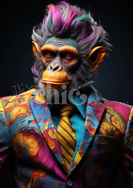 A digitally created, anthropomorphic steampunk cocker with colorful feathers and a tie-dye gear pattern, wearing a vibrant, patterned suit, blue dress shirt, and yellow tie, set against a dark background. The decoupage paper artwork from "It’s So Chic Furniture Art" exudes a whimsical and flamboyant personality.