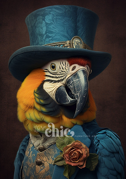 A vibrant parrot, mainly decked out in yellow and blue feathers, elegantly wears a chic Victorian blue outfit complete with a top hat. This fashionable attire features intricate details and a rose adorning the bird's chest. The backdrop is a subdued brown, highlighting the parrot's striking colors. Get this remarkable scene on our "It’s So Chic Furniture Art" decoupage paper, available in A1, A2, or A3 sizes under the African Tribal Decoupage collection!