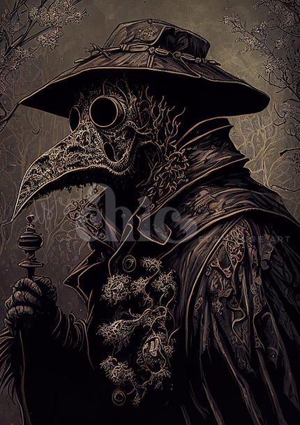 Illustrated image of a plague doctor wearing a beaked mask, wide-brimmed hat, and dark cloak adorned with intricate, branch-like designs. The background features subtle, skeletal tree branches against a muted grayish-brown sky—perfectly captured on the Decoupage Paper | Craft Paper | Steampunk Cocker | A1/A3 from It’s So Chic Furniture Art.