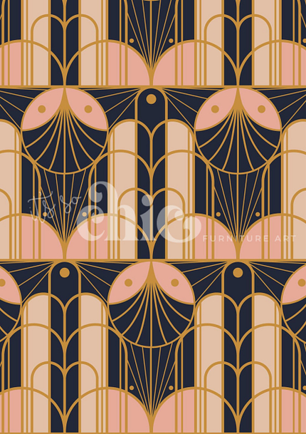 Art Deco inspired geometric pattern with black, peach, and beige colors. The design features symmetrical arches, fan shapes, and intersecting lines in golden tones, creating an intricate layout. The words "It’s So Chic Furniture Art" are subtly overlaid on the pattern.