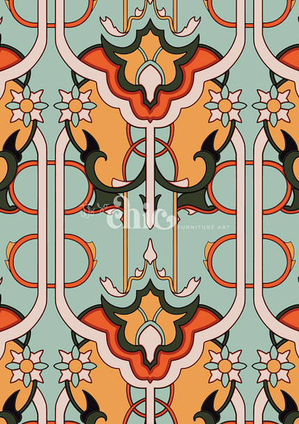 An ornate, colorful Art Nouveau pattern with symmetrical floral and geometric designs. The pattern features a combination of teal, orange, green, and cream tones, with stylized flowers and interwoven shapes. The word "Chic" is overlaid in the center.